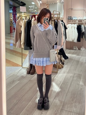 「one after another NICE CLAUP（ワンアフターアナザーナイスクラップ）のドッキングミニワンピース（ワンピース、グレー系）」を使った、まいかさん（レディース・153cm）の冬コーディネート