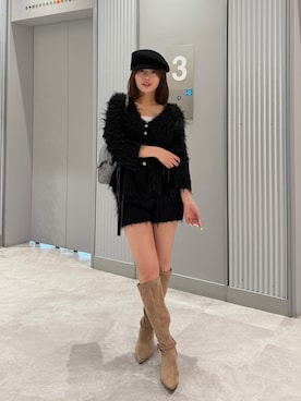 「one after another NICE CLAUP(ワンアフターアナザーナイスクラップ)の【Premium order/セットアップ可能/パンツ別売り】ふわモテリボンペプラムニット(ニット/セーター、ブラック系)」を使った、まいかさん(レディース・153cm)の夏コーディネート