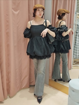 「one after another NICE CLAUP(ワンアフターアナザーナイスクラップ)の【Black Ribbon Collection】バックリボンミニワンピース(ワンピース、ブラック系)」を使った、ayano.さん(レディース・156cm)の春コーディネート