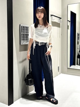 「PAGEBOY（ページボーイ）のサイドタックルーズウラケパンツ/イージーパンツ【4color・2size】（スウェットパンツ）」を使った、Risakoさん（レディース・164cm）の夏コーディネート