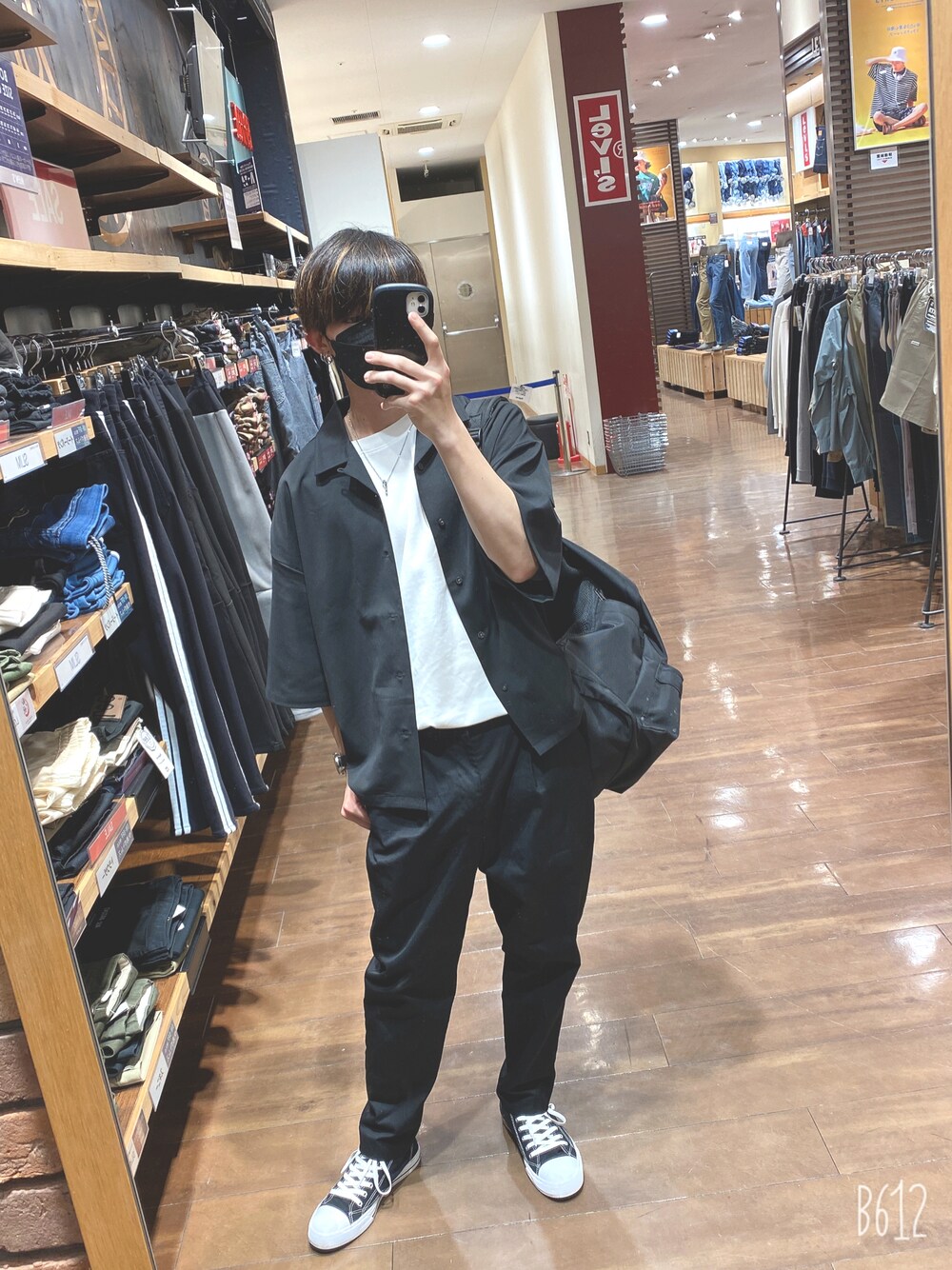 「シンプル、カジュアル、ゆるコーデ、大人コーデ、ブラックコーデ、モノトーンコーデ、セットアップ、RUUBON、GU、UNIQLO、Champion、リュック、シャツスタイル、いいね、save、フォローお願いします🤑、おしゃれさんと繋がりたい」｜「RUUBONの【RUUBON】TR open collar shirt / TR オープンカラーシャツ（シャツ/ブラウス、ブラック系）」を使った、けんたろすさん（メンズ・175cm）の夏コーディネートの1枚目の写真