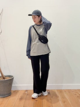 「FORK&SPOON（フォークアンドスプーン）のFORK&SPOON　ベースボールロングスリーブTシャツ（Tシャツ/カットソー、ブルー系）」を使った、すぎやまめぐみさん（レディース・163cm）の春コーディネート