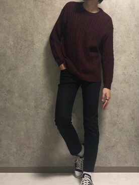 ニット セーターを使った ワインレッド のメンズ人気ファッションコーディネート Wear