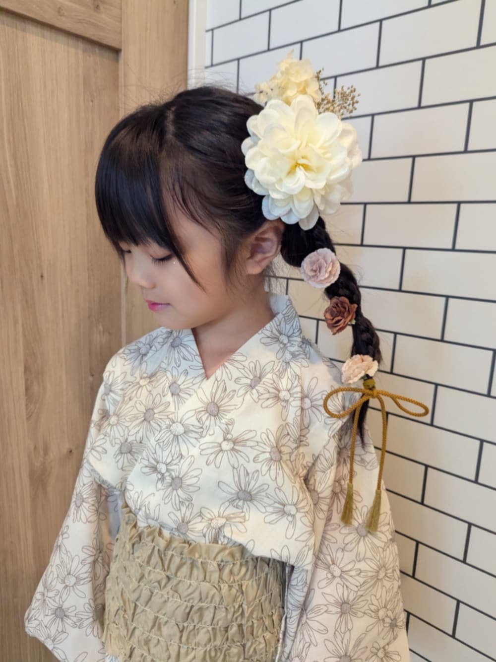 「夏祭り、お祭りコーデ、お祭り、子供服コーデ、キッズコーデ、浴衣、夏、夏コーデ」｜「pairmanonのアイテム（浴衣、ベージュ系）」を使った、RenRenさん（キッズ・110cm）の夏コーディネートの1枚目の写真