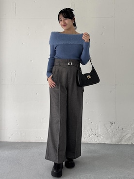 「VIS（ビス）のフェザーヤーンオフショルもちもちリブニット/イージーケア（ニット/セーター）」を使った、saraさん（レディース・165cm）の秋コーディネート