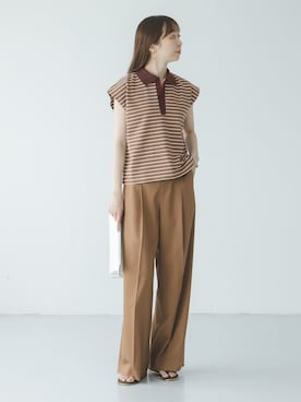 「STAR&STRIPE（スターアンドストライプ）の《NOBLE別注》STAR&STRIPEスターアンドストライプ マルチボーダープルオーバー（Tシャツ/カットソー、ブラウン系）」を使った、natsuさん（レディース・163cm）の夏コーディネート