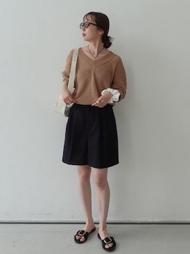 「Noble（ノーブル）の《セットアップ対応》ドンゴロスフレアショートパンツ（その他パンツ、ブルー系）」を使った、natsuさん（レディース・163cm）の春コーディネート