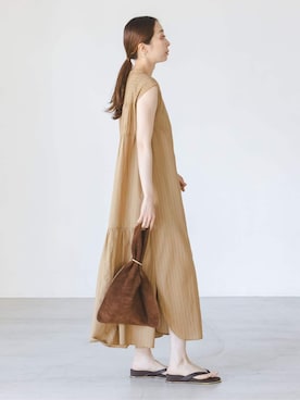 「normment（ノーメント）の【洗える】normment/ノーメント STRIPE STITCH N/S DRESS（ワンピース、ベージュ系）」を使った、natsuさん（レディース・163cm）の春コーディネート