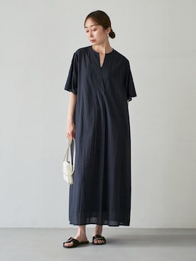 「normment（ノーメント）の【洗える】normment/ノーメント STRIPE JQD SHORT SLEEVE DRESS（ワンピース、ブルー系）」を使った、natsuさん（レディース・163cm）の春コーディネート