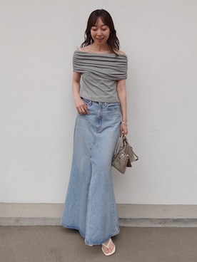 「Noble（ノーブル）のdeterm/デターム Collagen Gathered Off- Shoulder（Tシャツ/カットソー、ホワイト系）」を使った、natsuさん（レディース・163cm）の夏コーディネート