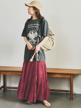 「Couture d'adam（クチュールドアダム）の《・NOBLE別注カラー》COUTURE D'ADAM SushiVoile Tiered Skirt（スカート、レッド系）」を使った、natsuさん（レディース・163cm）の夏コーディネート