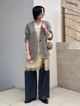 「Curensology（カレンソロジー）のCurensology(カレンソロジー)/2WAYレーススリットスカート（ワンピース、ベージュ系）」を使った、clkaeo01さん（レディース・172cm）の冬コーディネート