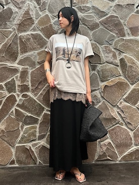 「Curensology（カレンソロジー）のCurensology(カレンソロジー)/＜ＣＳＧ＞カラビナリングネックレス（ネックレス、ブラック系）」を使った、clkaeo01さん（レディース・172cm）の春コーディネート