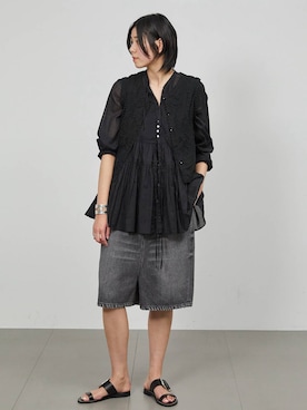 「Curensology（カレンソロジー）のCurensology(カレンソロジー)/＜&RC＞ワイドルーズハーフデニムパンツ（デニムパンツ、ブラック系）」を使った、clkaeo01さん（レディース・172cm）の冬コーディネート