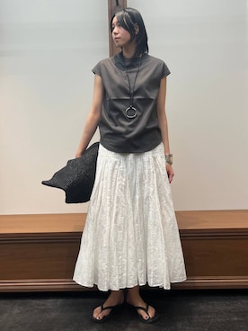 「Curensology（カレンソロジー）のCurensology(カレンソロジー)/＜ＣＳＧ＞カラビナリングネックレス（ネックレス、ブラック系）」を使った、clkaeo01さん（レディース・172cm）の夏コーディネート