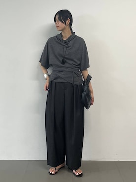 「Curensology（カレンソロジー）のCurensology(カレンソロジー)/ウールジャージープルオーバー（Tシャツ/カットソー、グレー系）」を使った、clkaeo01さん（レディース・172cm）の夏コーディネート