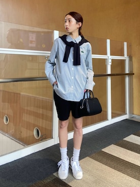 「LACOSTE（ラコステ）のベーシックストライプシャツ（シャツ/ブラウス）」を使った、kinさん（レディース・156cm）の夏コーディネート