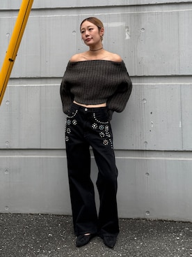 「Ungrid（アングリッド）のポインテッドトゥフラットシューズ（パンプス、ブラック系）」を使った、吉本杏奈さん（レディース・164cm）の秋コーディネート