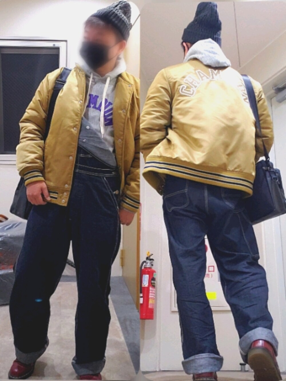 「今日のコーデ、休日スタイル、パーカー、Champion、LEE、オーバーオール、Dr.Martens、おしゃれさんと繋がりたい、いいね、save、フォローお願いします🤑」｜「ChampionのChampion / BASEBALL JACKET（ナイロンジャケット、ゴールド系）」を使った、@くうすけ🍀さん（メンズ・168cm）の秋コーディネートの1枚目の写真