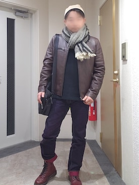 「アイテム（デニムパンツ、レッド系）」を使った、@くうすけ🍀さん（メンズ・168cm）の冬コーディネート