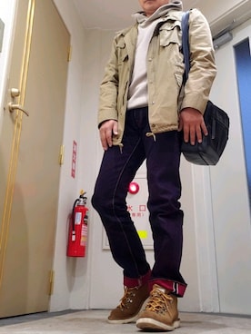 「アイテム（デニムパンツ、レッド系）」を使った、@くうすけ🍀さん（メンズ・168cm）の秋コーディネート