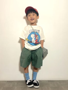 「CIAOPANIC TYPY（チャオパニックティピー）のアイテム（バッグ）」を使った、YU⭐︎さん（キッズ・100cm）の夏コーディネート
