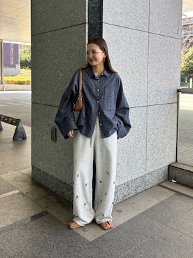 「THE YOn（ザヨン）のスーパーワイドスリーブボクシーシャツ（シャツ/ブラウス、ホワイト系）」を使った、nenedesu125さん（レディース・154cm）の春コーディネート