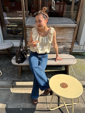 「THE YOn（ザヨン）の2wayシャーリングノースリブラウス（シャツ/ブラウス、ホワイト系）」を使った、nenedesu125さん（レディース・154cm）の夏コーディネート