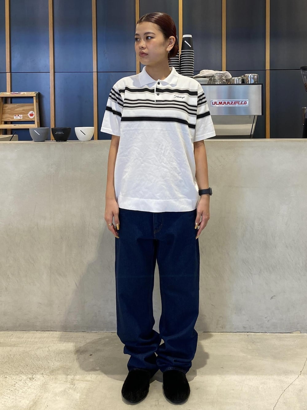 「シンプルコーデ、ootd、outfits、ゴルフ、golf、スポーツ、授業参観日コーデ、運動会コーデ、デートコーデ、お出かけコーデ、旅行コーデ、アウトドアコーデ、フェスコーデ、お正月・初詣コーデ、父の日ギフト」｜「Saturdays NYCのDenim Pant（デニムパンツ、ブルー系）」を使った、yzkさん（レディース・163cm）の夏コーディネートの1枚目の写真