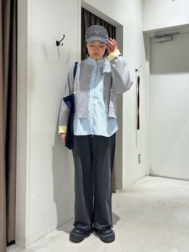 「CIAOPANIC TYPY（チャオパニックティピー）の【しわになりにくい】ボリュームスリーブバンドカラーシャツ/ストライプ柄/チェック柄（シャツ/ブラウス、ブルー系）」を使った、ひがしゃんさん（レディース・164cm）の春コーディネート