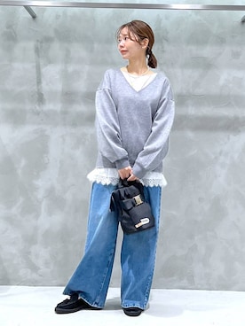 「BARNYARDSTORM（バンヤードストーム）のBARNYARDSTORM / TRスムースVネックプルオーバー/ マシンウォッシャブル 【YouTube「i.style closet」紹介アイテム】（スウェット）」を使った、izumi888さん（レディース・157cm）の秋コーディネート