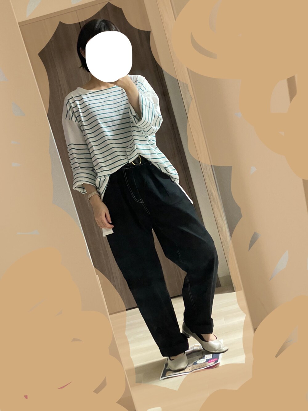 「休日スタイル、楽チンコーデ、低身長、プチプラ」｜「RETRO GIRLのパネルボーダーTee（Tシャツ/カットソー、グリーン系）」を使った、とーやまさん（レディース・153cm）の夏コーディネートの1枚目の写真
