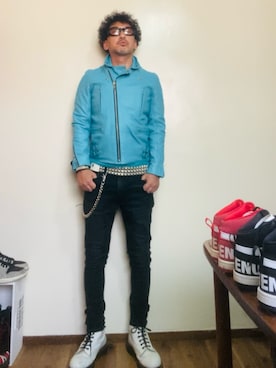 「アイテム（ライダースジャケット）」を使った、GOODMAN®️さん（メンズ・168cm）の秋コーディネート