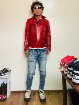 「アイテム（ライダースジャケット）」を使った、GOODMAN®️さん（メンズ・168cm）の秋コーディネート