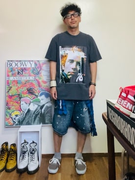 「marquee clubのジョン・ライドンTEE（Tシャツ/カットソー、グレー系）」を使った、GOODMAN®️さん（メンズ・168cm）の夏コーディネート