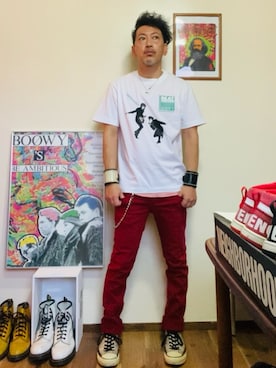 「BOØWYのアイテム（Tシャツ/カットソー、ホワイト系）」を使った、GOODMAN®️さん（メンズ・168cm）の夏コーディネート