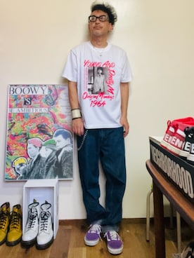 「HOURE WEEKEND DEALERSの月曜日のユカ/加賀まりこTEE（Tシャツ/カットソー、ホワイト系）」を使った、GOODMAN®️さん（メンズ・168cm）の夏コーディネート