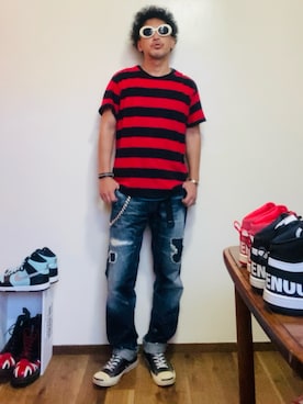 「DENIM BY VANQUISH & FRAGMENT（デニムバイヴァンキッシュフラグメント）のThree Years Wash Wide Straight Denim（デニムパンツ）」を使った、GOODMAN®️さん（メンズ・168cm・50代）の夏コーディネート
