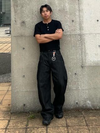 「ANDER HUNK(アンダーハンク)のSlim Fit Henry neck Rib T-shirt/スリムフィットヘンリーネックリブTシャツ(Tシャツ/カットソー)」を使った、蘭丸さん(メンズ・175cm)の夏コーディネート