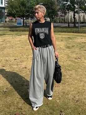 「アイテム（スウェットパンツ）」を使った、蘭丸さん（メンズ・175cm）の夏コーディネート