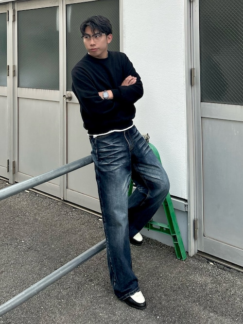 「Regen Glanz（レーゲングランツ）のheavyweight cropped crewneck sweatshirt/ヘビーウェイトクロップドクルーネックスウェット（スウェット）」を使った、蘭丸さん（メンズ・175cm）の春コーディネート