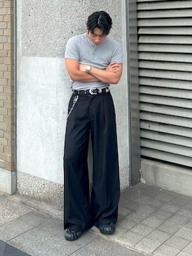 「AVIREX（アヴィレックス）の《DAILY/デイリー》RIB SHORT SLEEVE HENLEY NECK T-SHIRT / デイリーウェア リブ 半袖 へンリーネック Tシャツ / AVIREX / アヴィレックス（Tシャツ/カットソー、グレー系）」を使った、蘭丸さん（メンズ・175cm）の夏コーディネート
