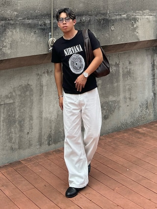 「Regen Glanz(レーゲングランツ)のwide baggy denim pants/ワイドバギーデニムパンツ(デニムパンツ)」を使った、蘭丸さん(メンズ・175cm)の夏コーディネート