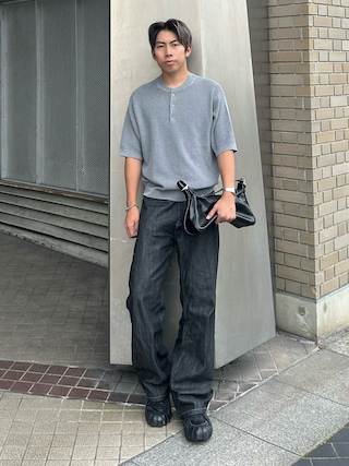 「WYM LIDNM(ウィム バイ リドム)のAZE H/S KNIT HENLEY(ニット/セーター)」を使った、蘭丸さん(メンズ・175cm)の夏コーディネート