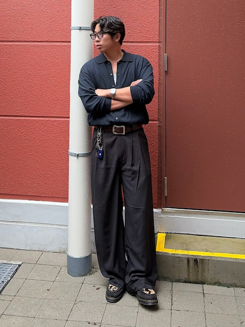 「WYM LIDNM(ウィム バイ リドム)のT/C BASIC KNIT SHIRT CARDIGAN(シャツ/ブラウス)」を使った、蘭丸さん(メンズ・175cm)の秋コーディネート
