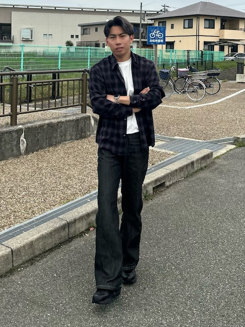 「WYM LIDNM（ウィム バイ リドム）のLOFTY DRAPE OMBRE CHECK SHIRT（シャツ/ブラウス）」を使った、蘭丸さん（メンズ・175cm）の春コーディネート