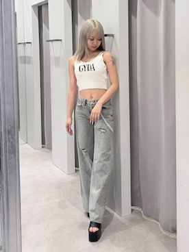 「GYDA（ジェイダ）のBASICチャンキーサンダル（サンダル、ブラック系）」を使った、miinaさん（レディース・156cm）の夏コーディネート