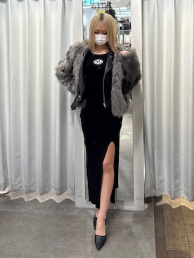 「アイテム（ライダースジャケット）」を使った、miinaさん（レディース・156cm）の冬コーディネート