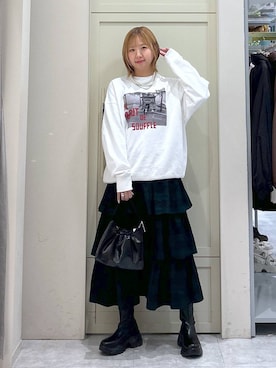 「LOWRYS FARM（ローリーズファーム）のパールタレンネックレス　249411（ネックレス）」を使った、いそまるさん（レディース・168cm）の冬コーディネート