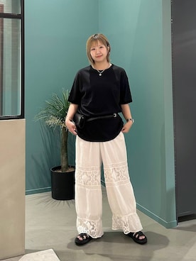 「LOWRYS FARM（ローリーズファーム）の【LFM(U)】ベロアリンガーTEE　 1044085（Tシャツ/カットソー、ブラック系）」を使った、いそまるさん（レディース・168cm）の夏コーディネート